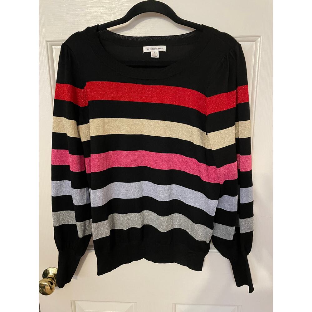 John Paul Richard Large Womens Sweater Sparkle Striped Long Sleeve Black Red NYE